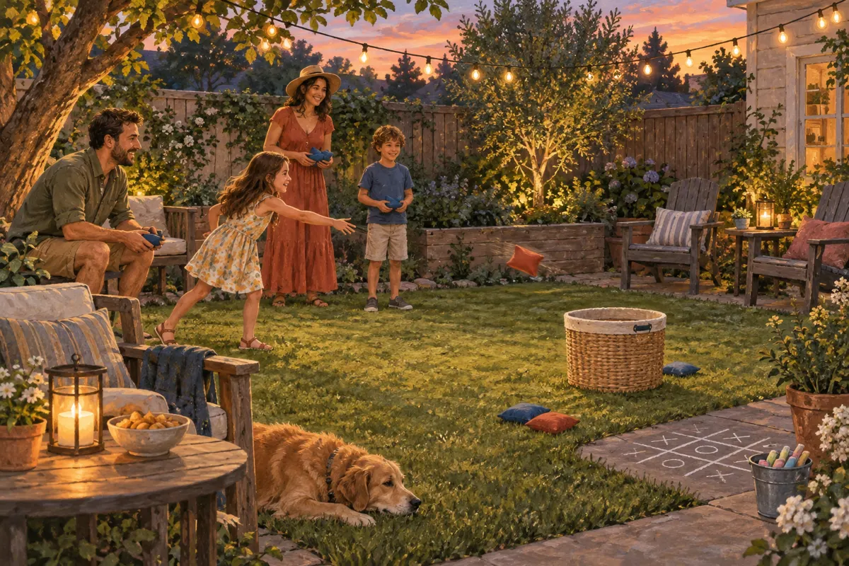Illustration of adults and children playing compact games in a small backyard.