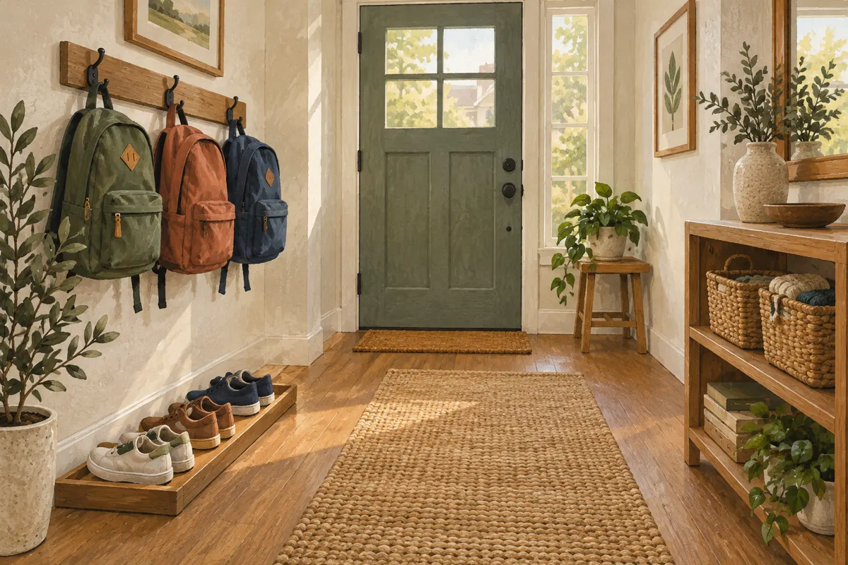 Illustrated compact family drop zone with backpack hooks, shoe storage and small baskets beside an entrance.
