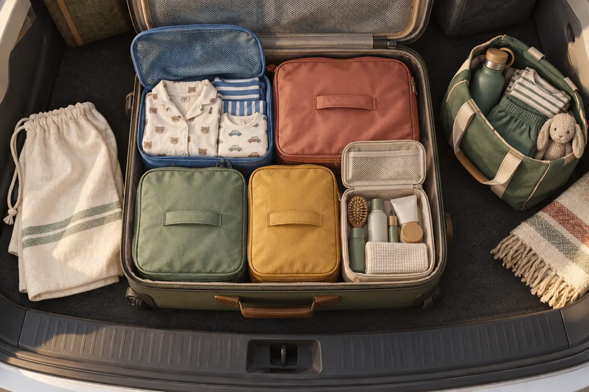 Illustration of a family suitcase organized with personal clothing pouches, accessible pajamas and toiletries, and a separate laundry bag.